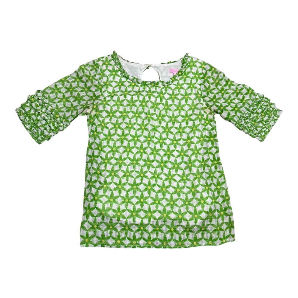 Lilly Pulitzer Cotton Blend Green/White Patterned Half Sleeve Blouse Women's 2